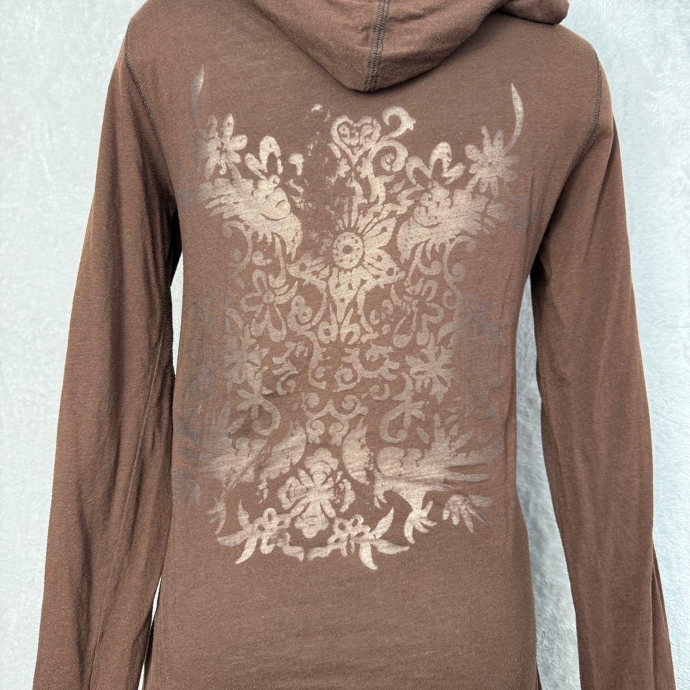 Y2K Gap Women Brown Graphic Henley Hoodie Long Sleeve Shirt Sz‎ M Grunge burnout